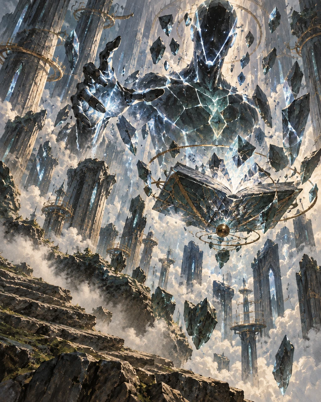 The reserve as a faceless humanoid absence outlined by cold geometric cracks and floating crystalline fragments above an alien crystalline book, huge distant cathedral pillars through the void behind, no human villain face, elegant cosmic dread.