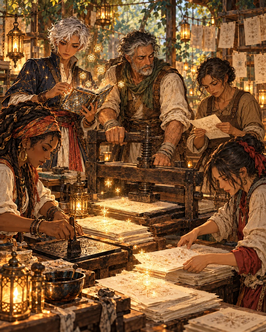 Sel beside Oren and three diverse adult lamp-keepers, all gathered around the press in warm lamplight copying rescued sheets as tiny star lights gather the pages, each person acts differently, no synchronised poses, no readable text.