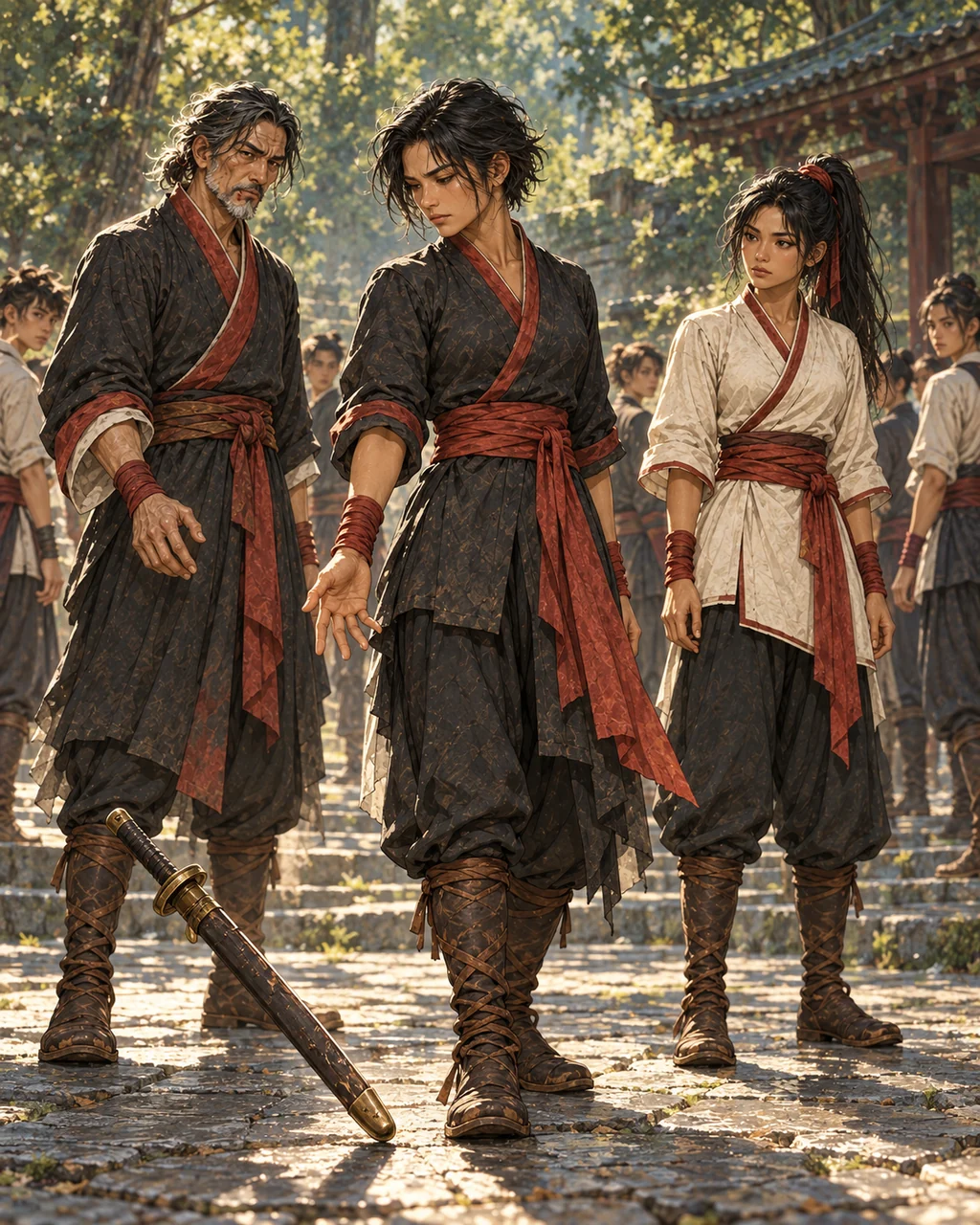 Anet lets a sword fall from her open hand onto slate paving; Deren with a bloodless bruised mouth and unarmed Mali stand near her, ranks of students behind begin to turn independently.