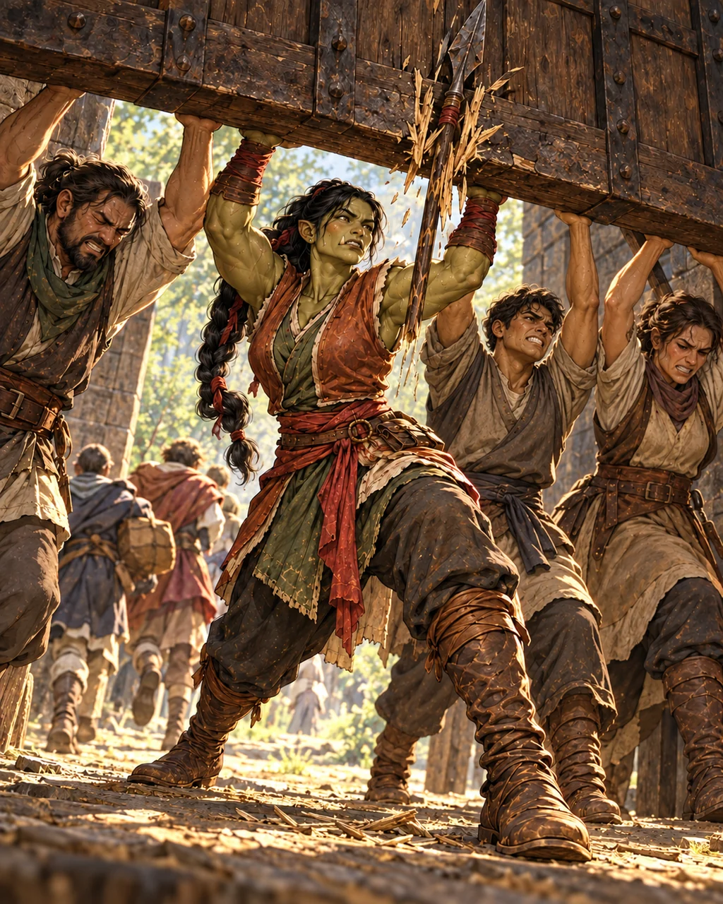 Hesh and several ordinary adult students together hold a descending wooden gate bar overhead, short spear half splintering beneath it, evacuation passing beyond.