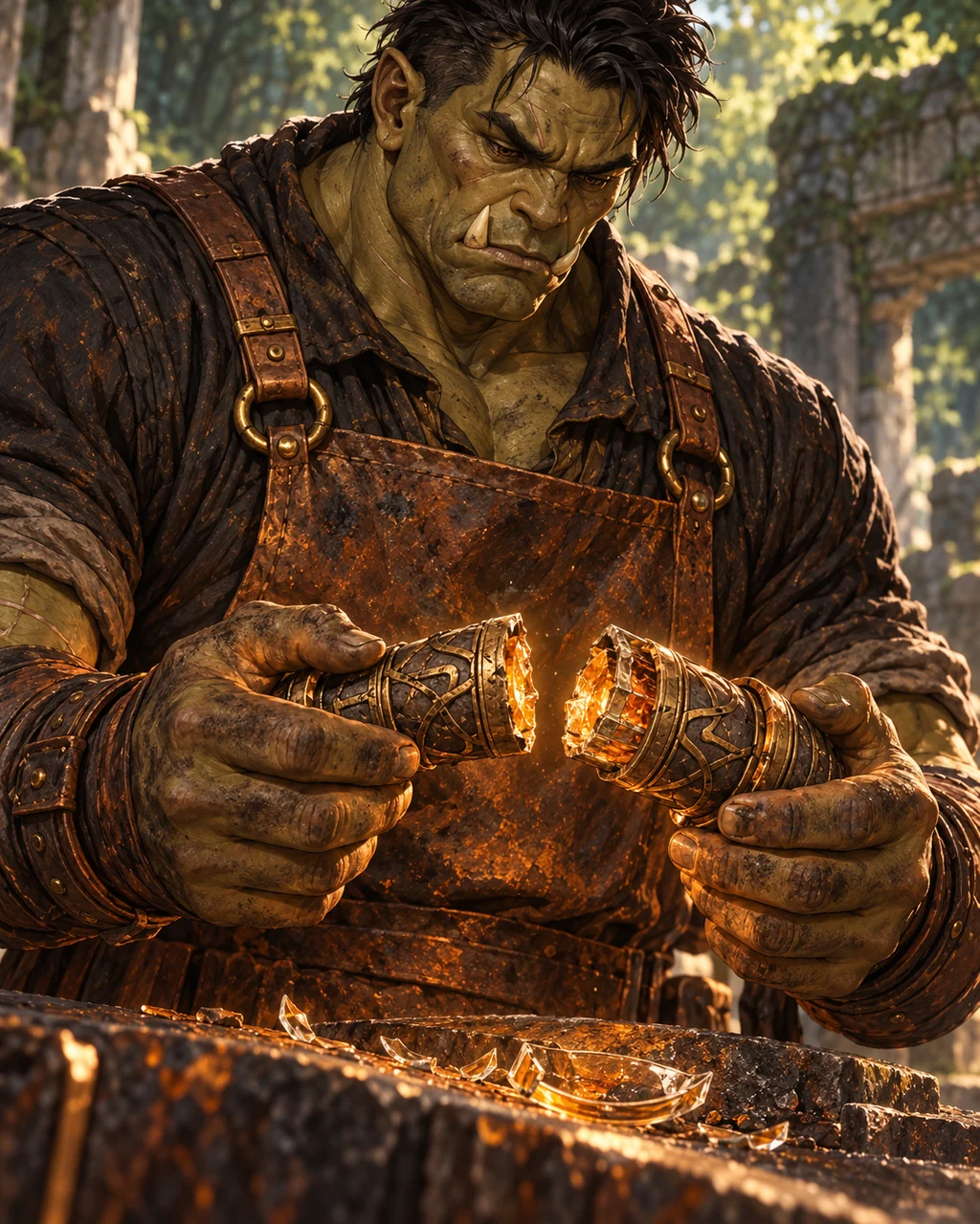 Relic/action close-up of Ember’s broad olive Orc hands holding two severed bronze conduit ends safely apart, contained amber glow reflecting on soot and iron apron, broken glass ring visible below, no gore, different close viewpoint from chapter scene.