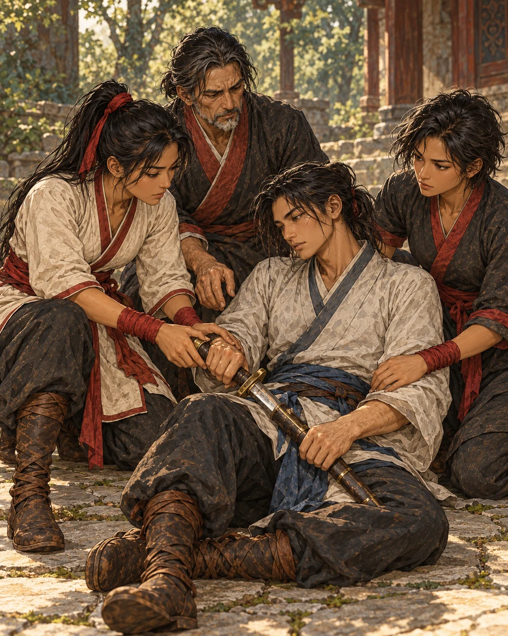 Mali, Anet and Deren kneel beside Vale on court paving helping his clenched hand release a short sword, Vale willingly allowing help, all four faces emotionally clear; non-graphic injury with no blood, no throat blade, no hero victory pose.