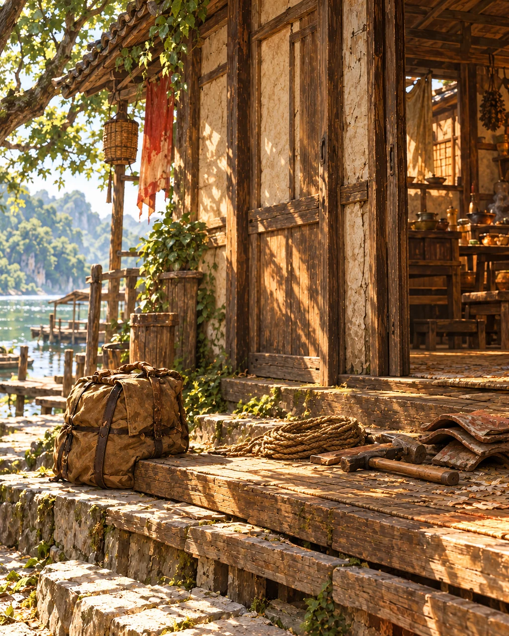 Modest weathered timber road house near a river under overhanging trees, damaged tiled roof, crooked shutter, open doorway and warm daylight, traveller bundle on threshold, no people close, intimate welcoming environmental card art.