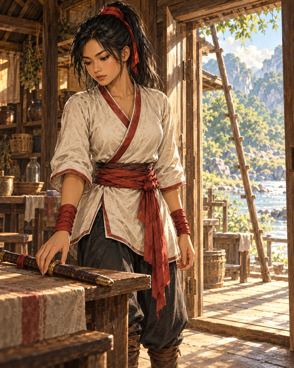 Mali seen from inside the road house setting down her sheathed sword beside the OPEN door, wooden ladder leaning outside toward roof, sunlit river beyond, open relaxed hand and quiet expression, a final ordinary choice.