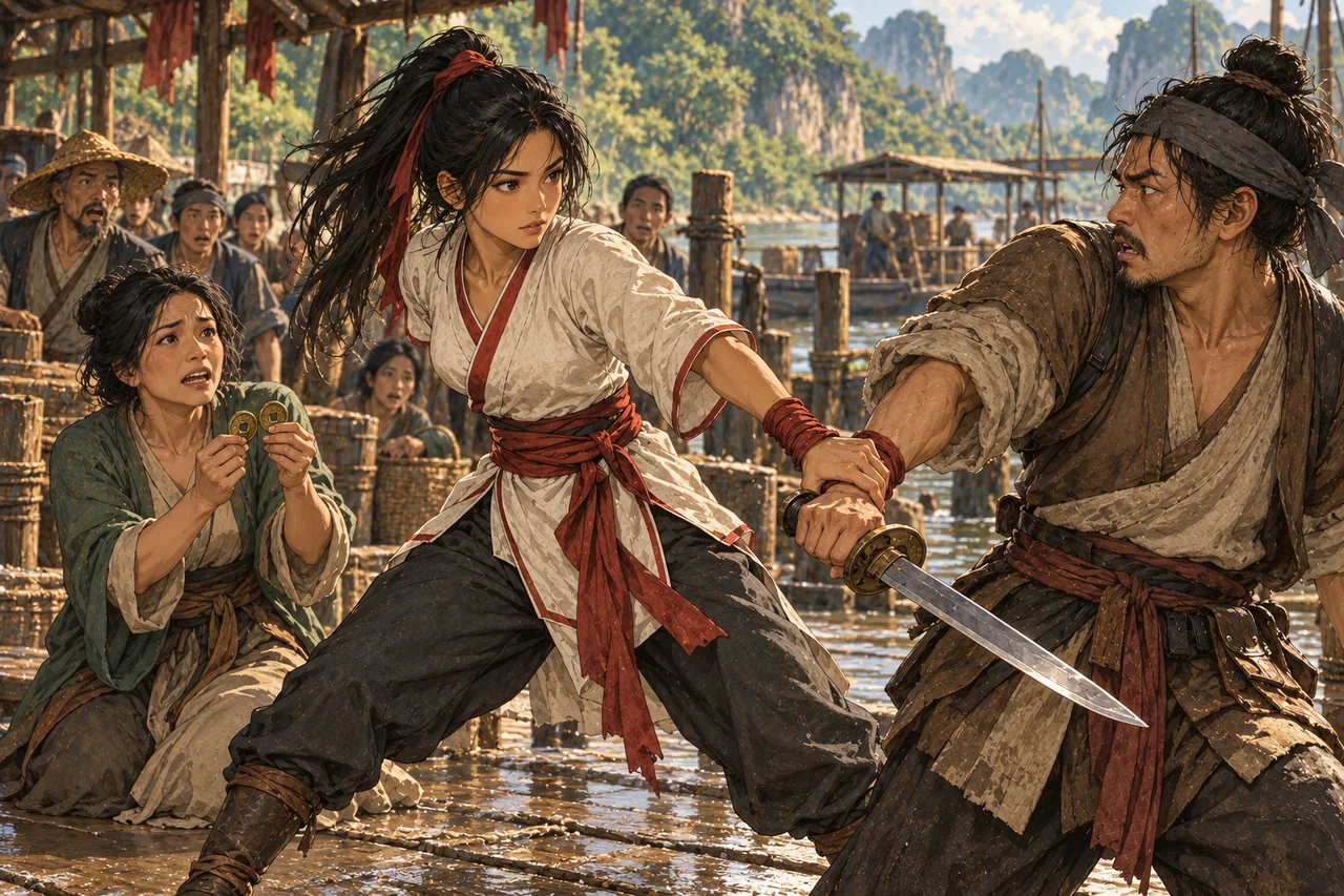 Mali intervenes at a crowded wet timber ferry landing, catching an adult ferry passenger’s sword wrist while his distressed wife holds two brass tokens.