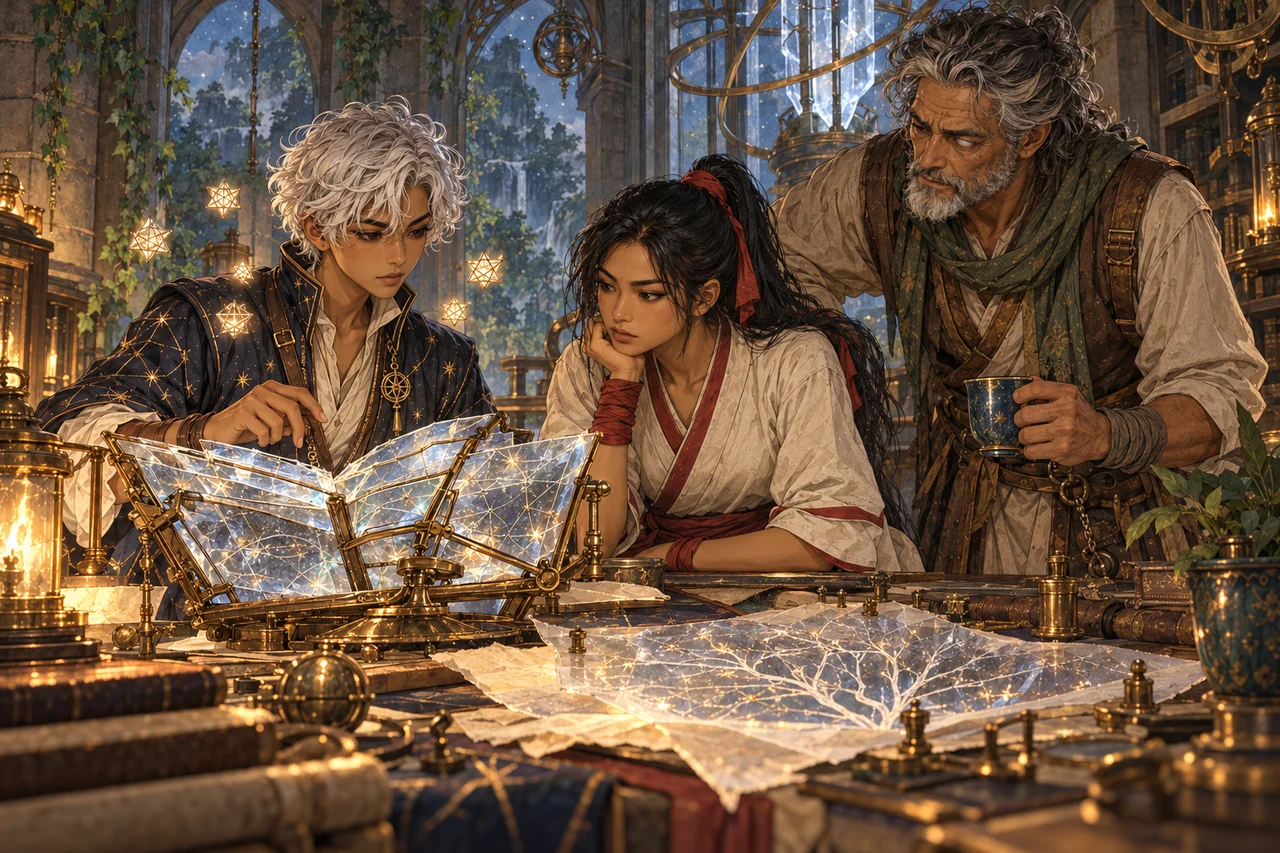 Inside a stone observatory, Sel stands beside a copper-wired crystalline Codex and a branching translucent sheet on a desk.