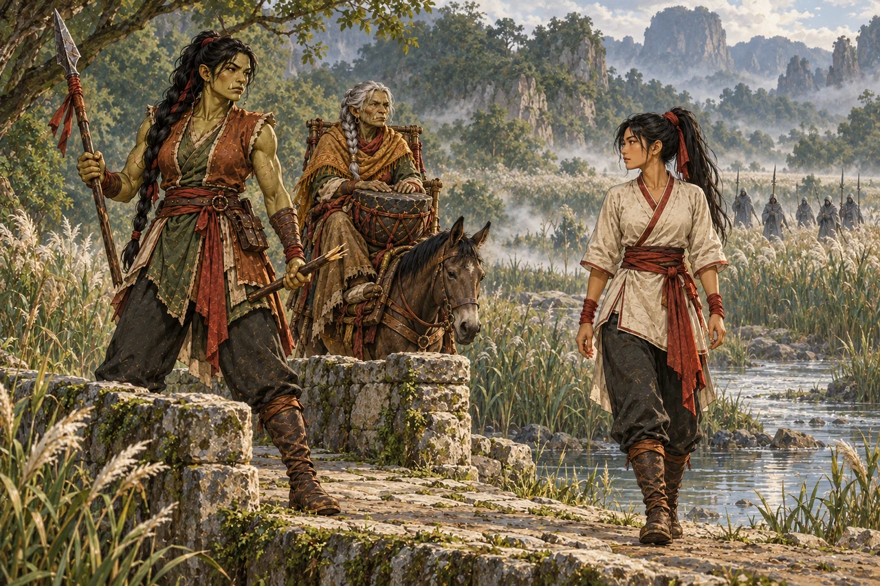 At Reed Cut, Hesh stands across a low stone bridge holding two unequal halves of a broken spear.