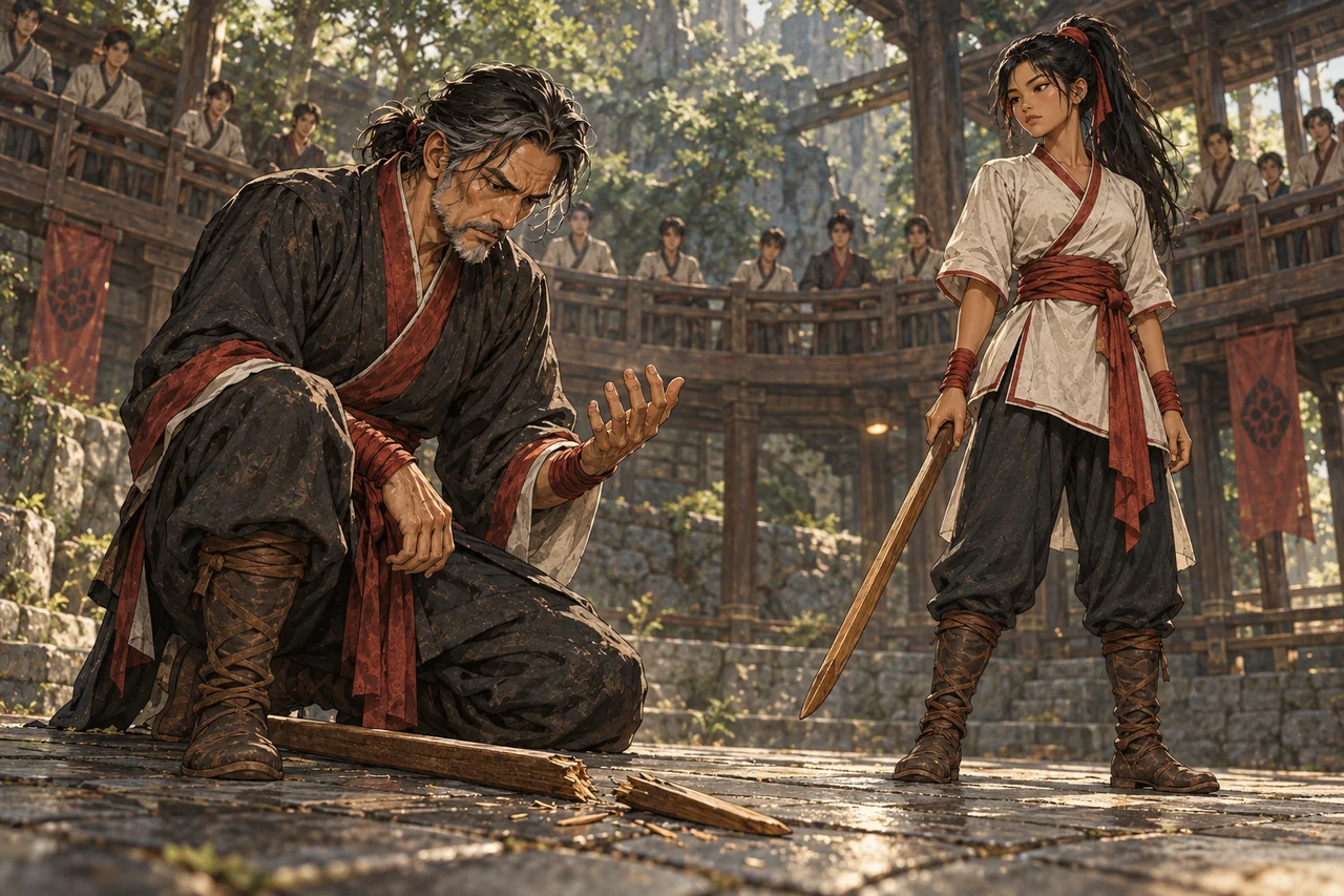 The correction court: Deren stares at his trembling sword hand; his wooden practice sword tip has just split against slate paving.