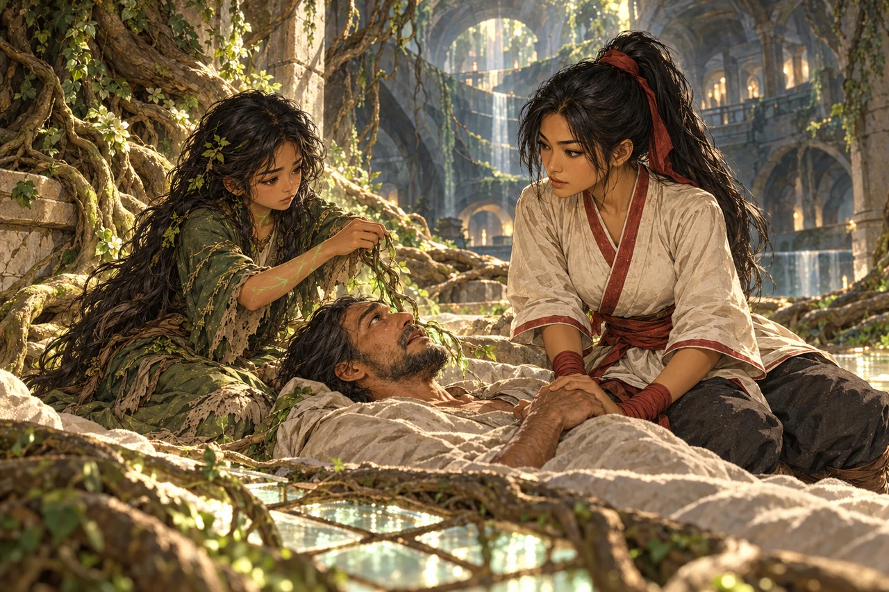 Root sanctuary beneath the city, Virelia releases a living root from an adult patient’s jaw, letting him speak to his sister.