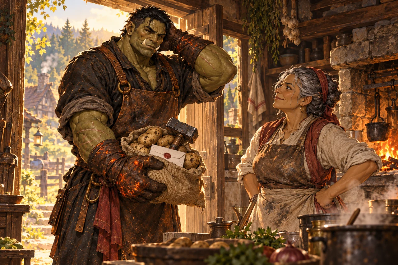 Dawn kitchen doorway, Ember the broad Orc awkwardly presents a sack of potatoes, a hammer and a folded letter to a practical middle-aged cook.