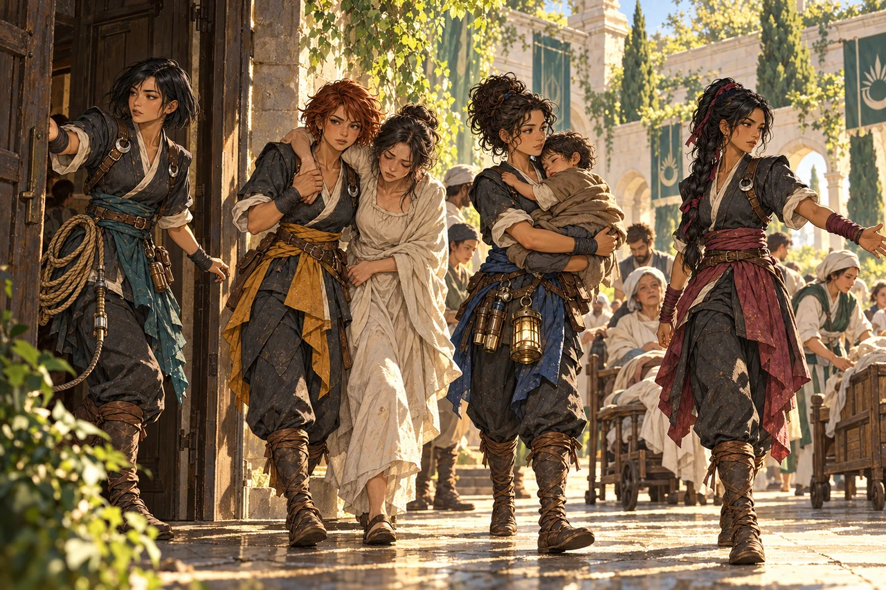 VESPER and attendants evacuate infirmary patients through a west service door into a sunlit Assembly courtyard.