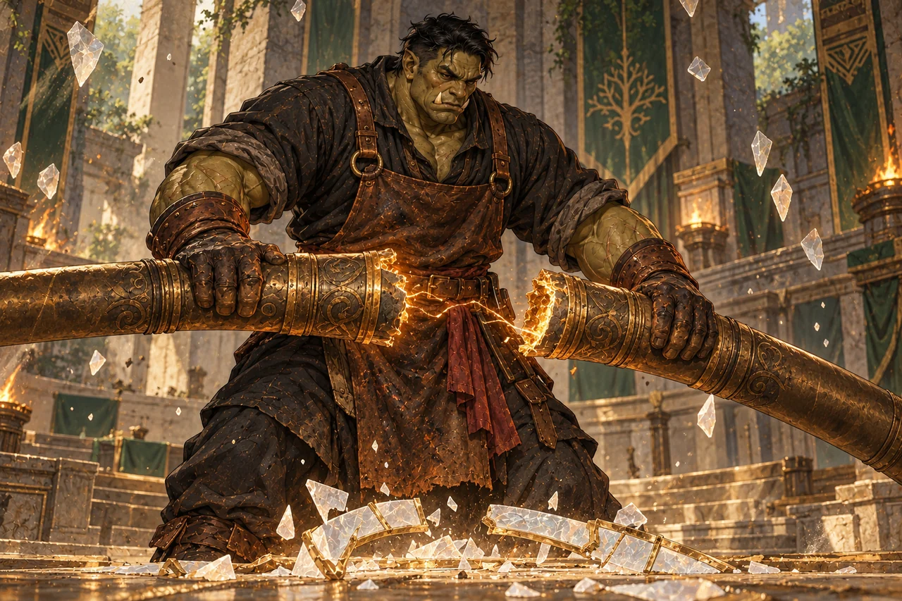 Below the Assembly dais, Ember holds two severed thick bronze tube ends apart with both hands.